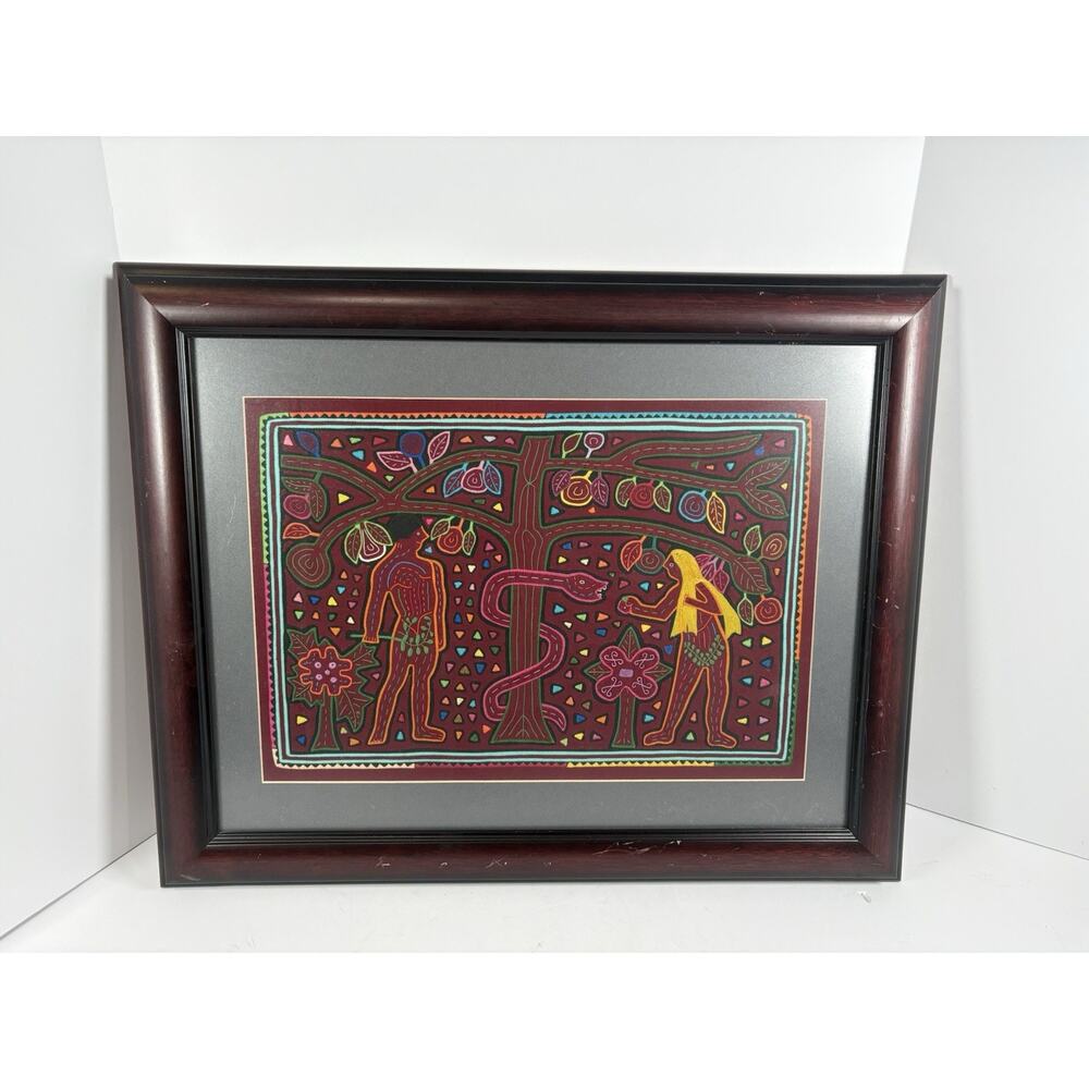 Vintage Kuna Mola Textile Art Framed Adam Eve Serpent Panama Folk Art